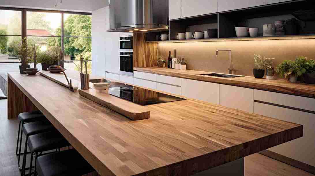 Butcher block island with butcher block kitchen countertops