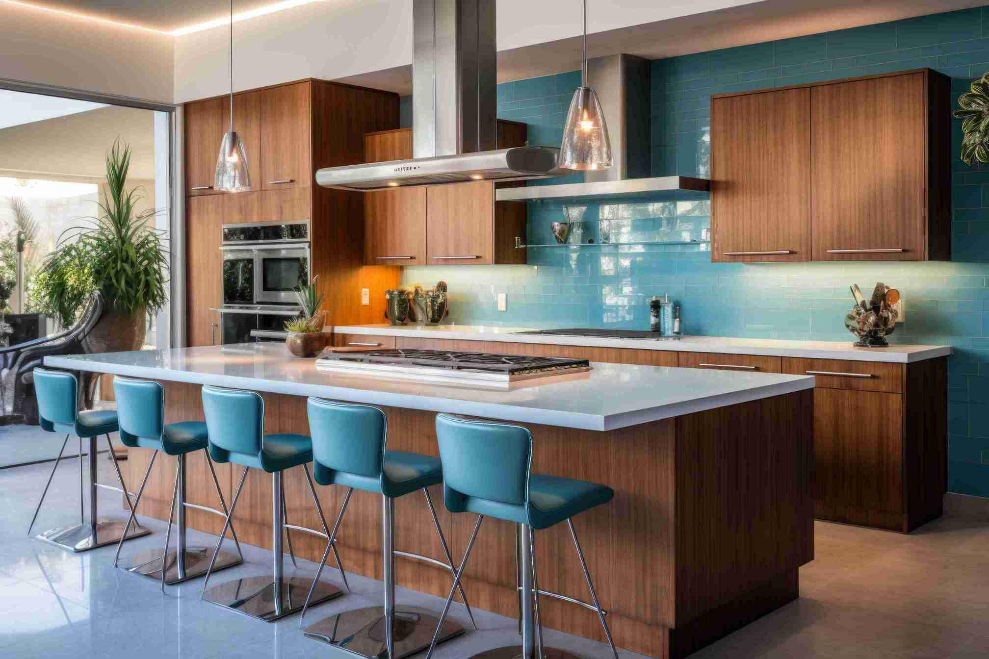Cherry cabinets with blue backsplash