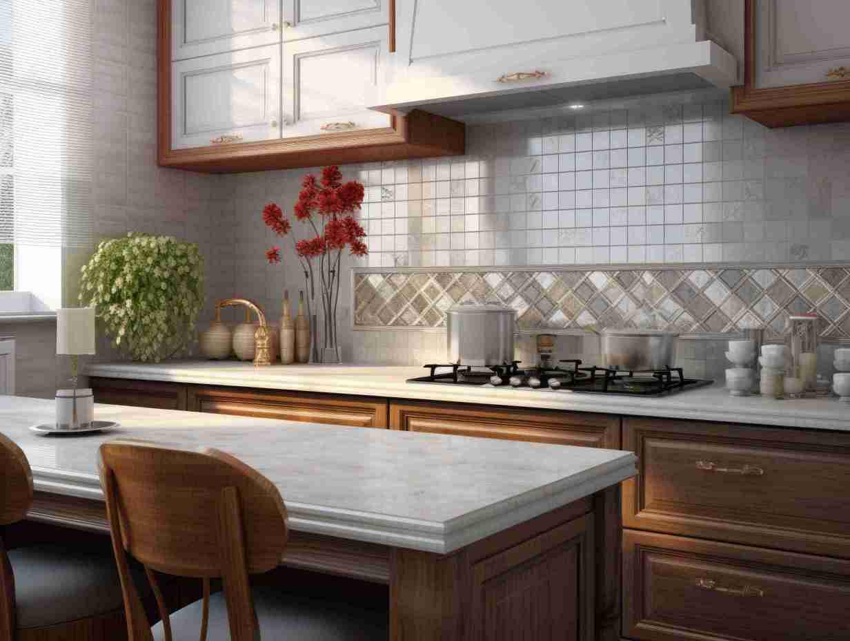 Cherry cabinets with glass backsplash
