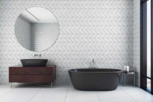White bathroom tile in a chevron pattern