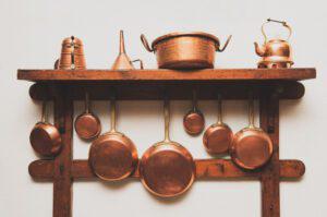 copper hanging pots small kitchen organization