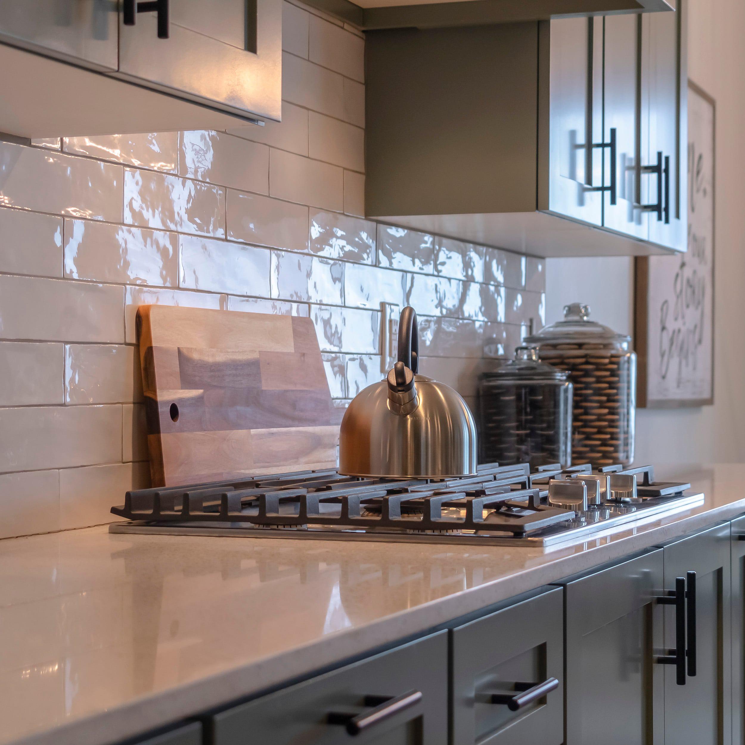 Glossy, zellige backsplash in a new kitchen remodel.