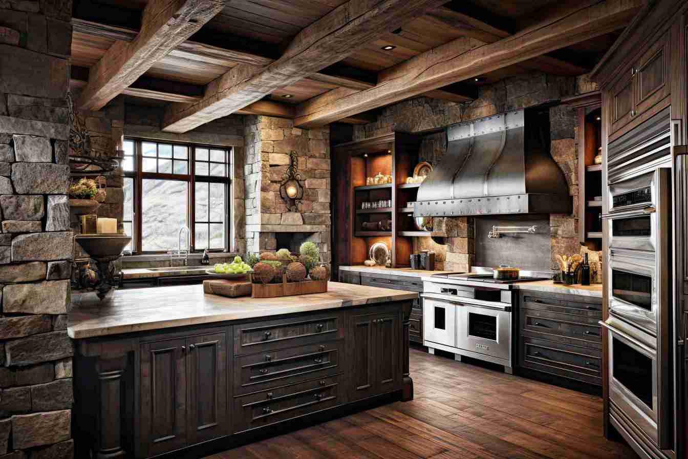 Dark cherry kitchen cabinets with stone backsplash
