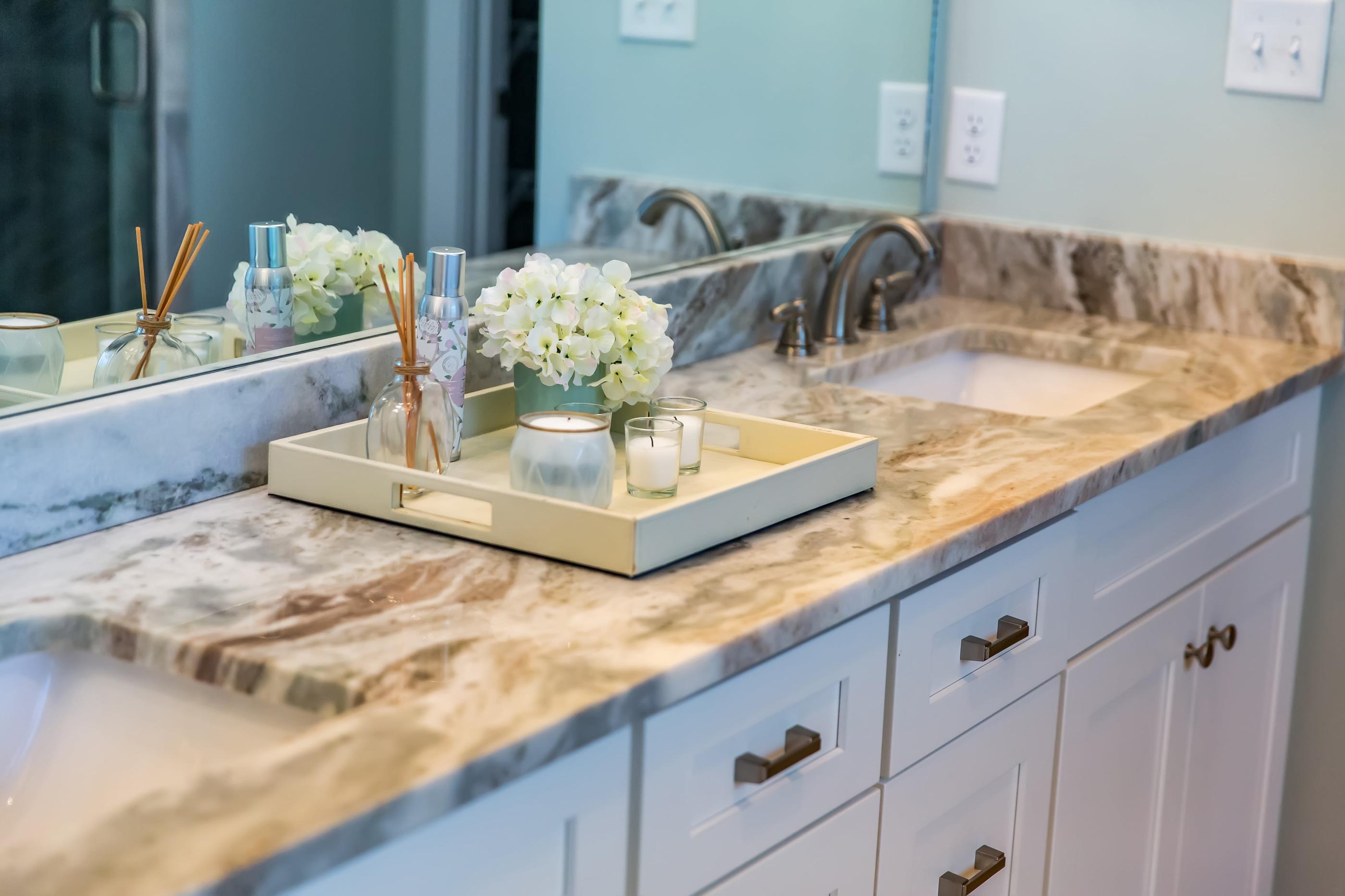 Eased edge countertop on a bathroom vanity.