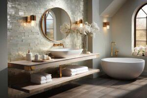 A bathroom with glass tiles
