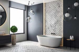 Bathroom tiles in a herringbone pattern