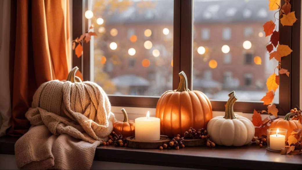 A windowsill with pumpkin decorations and candles