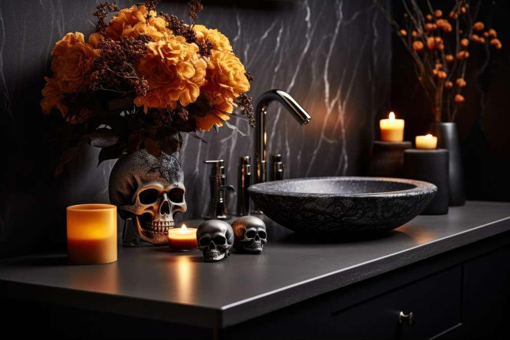 A bathroom with black walls and fixtures decorated for Halloween