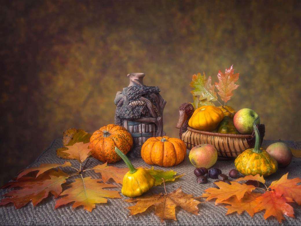 Fall decorative items including pumpkin figurines 