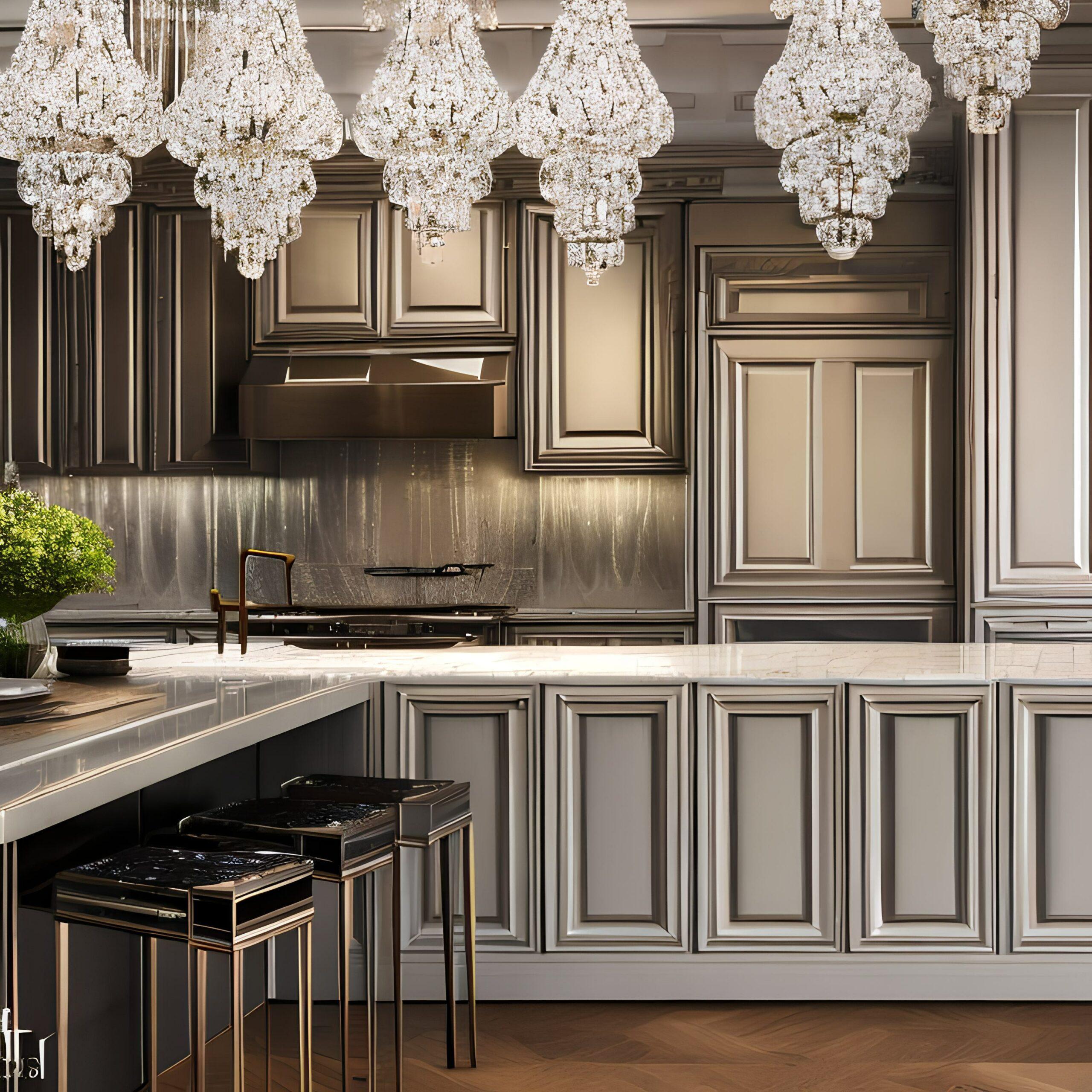 Multiple crystal chandeliers in a luxury kitchen.