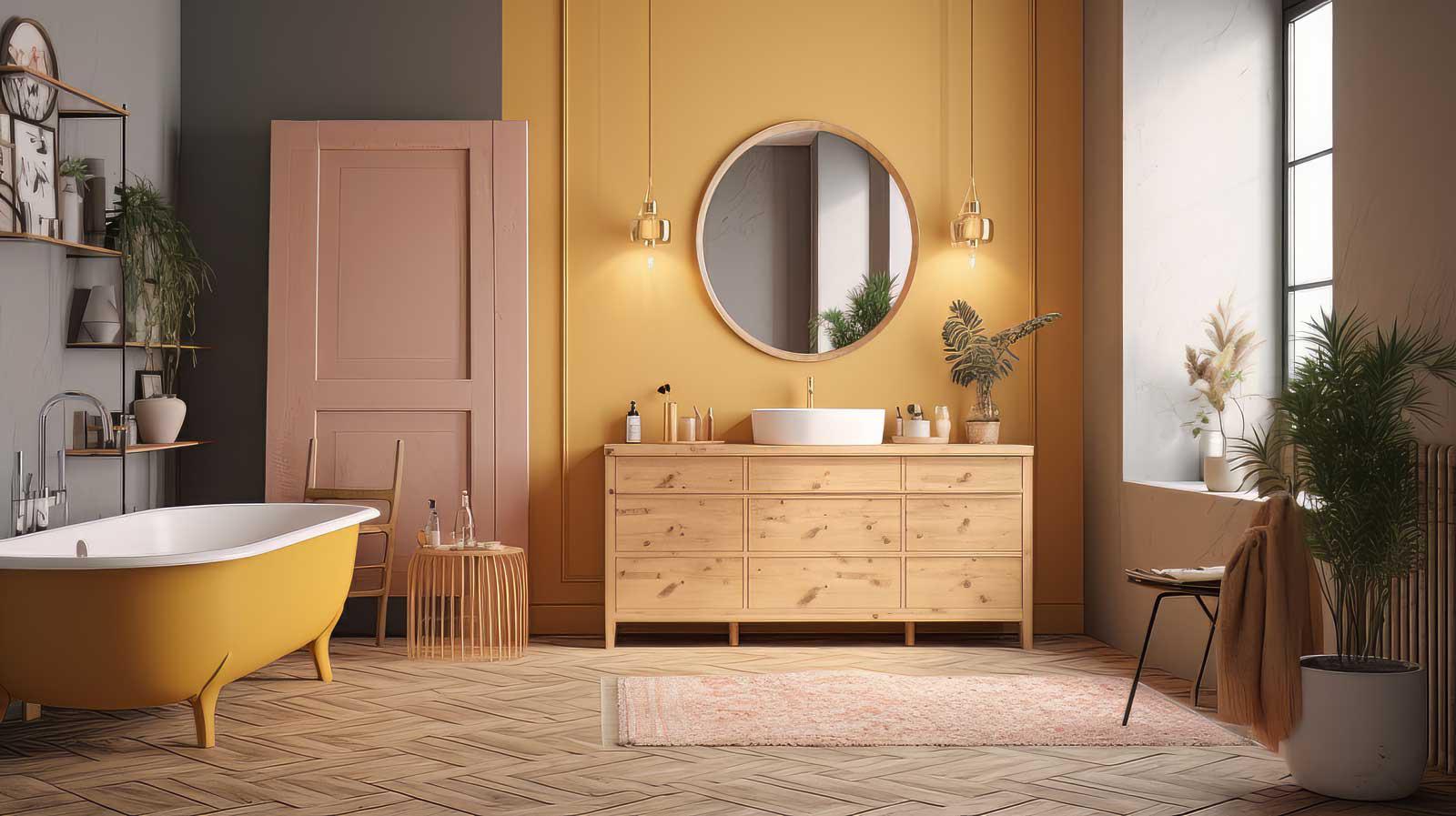 A bathroom with yellow cabinets
