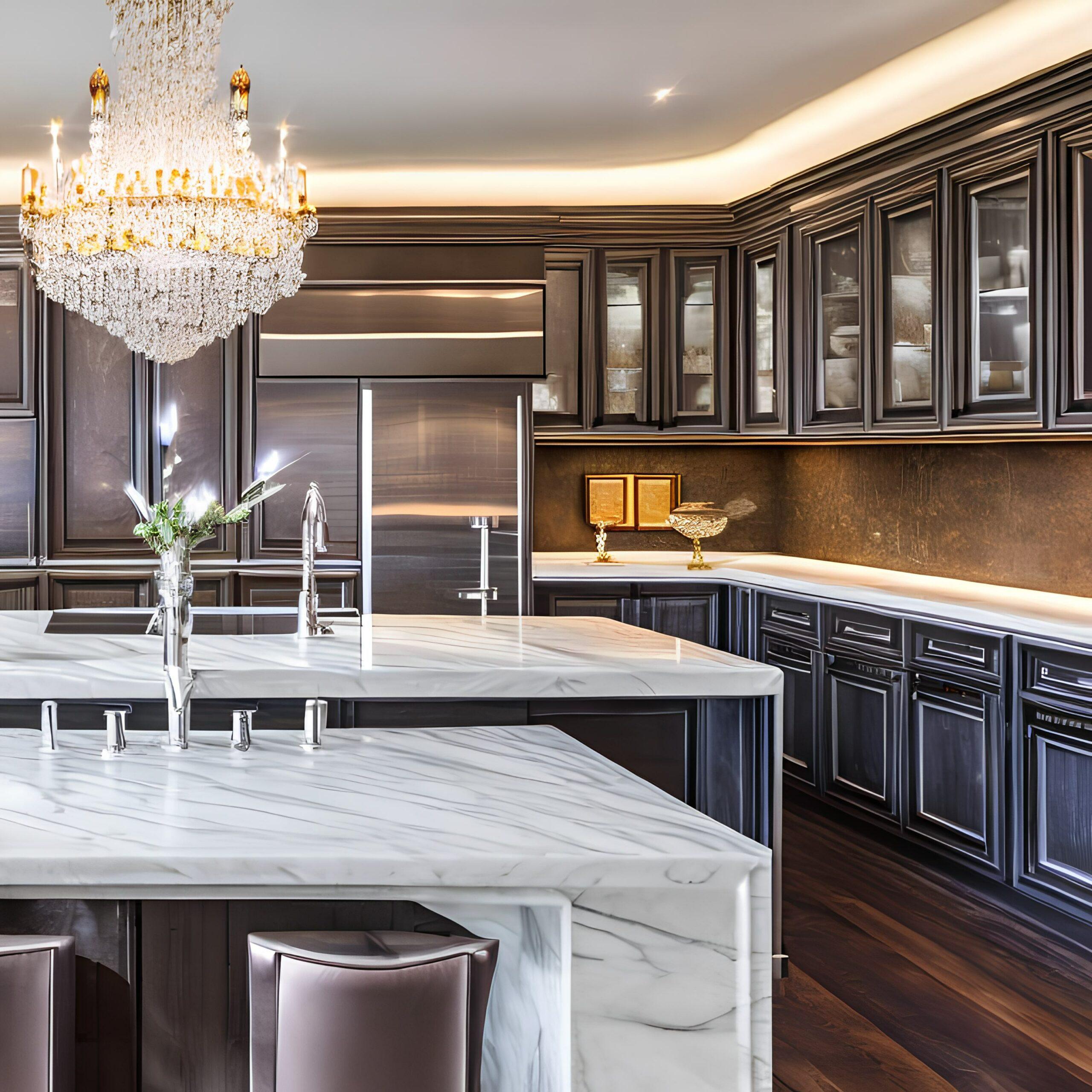 Elegant kitchen with chandelier and marble island and countertops. 