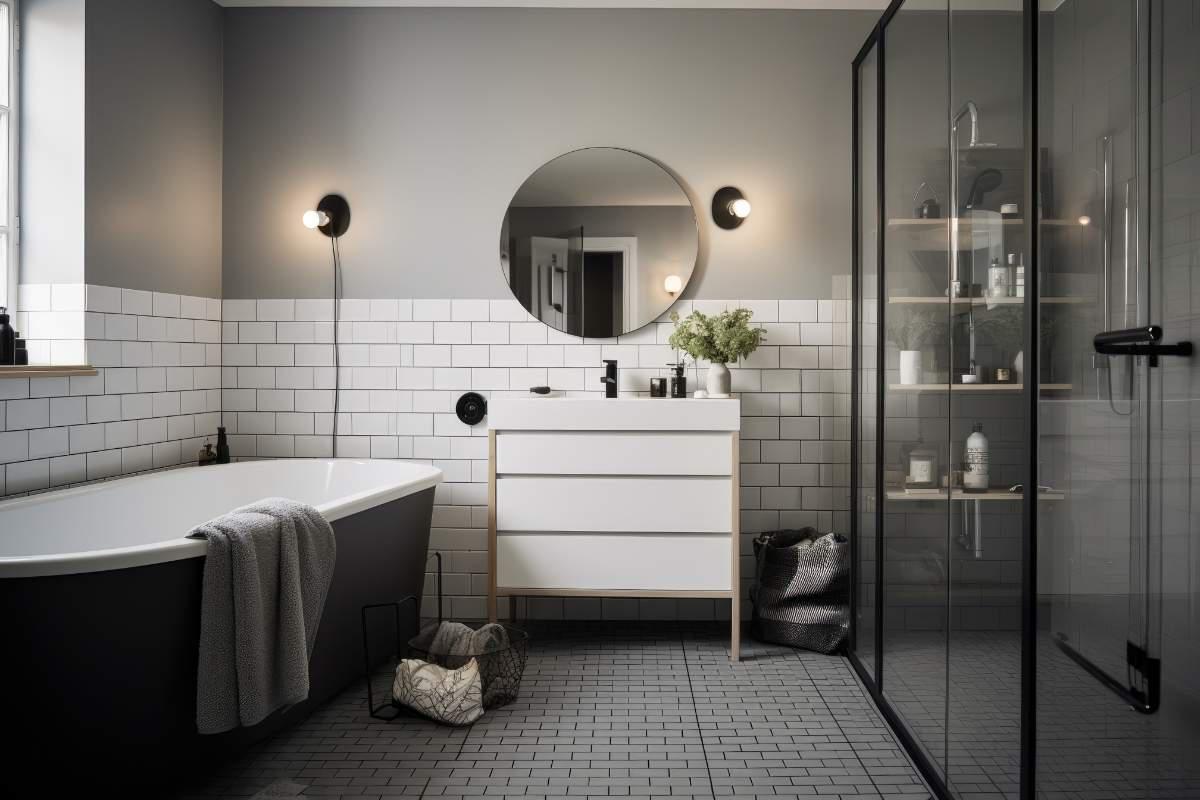 A neutral bathroom with geometric tiles