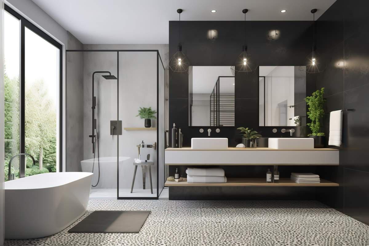 A large bathroom with dark walls