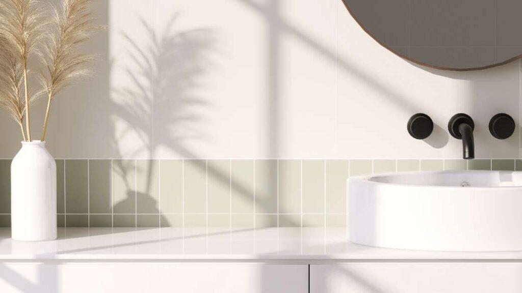 A bathroom vanity with half tiled walls