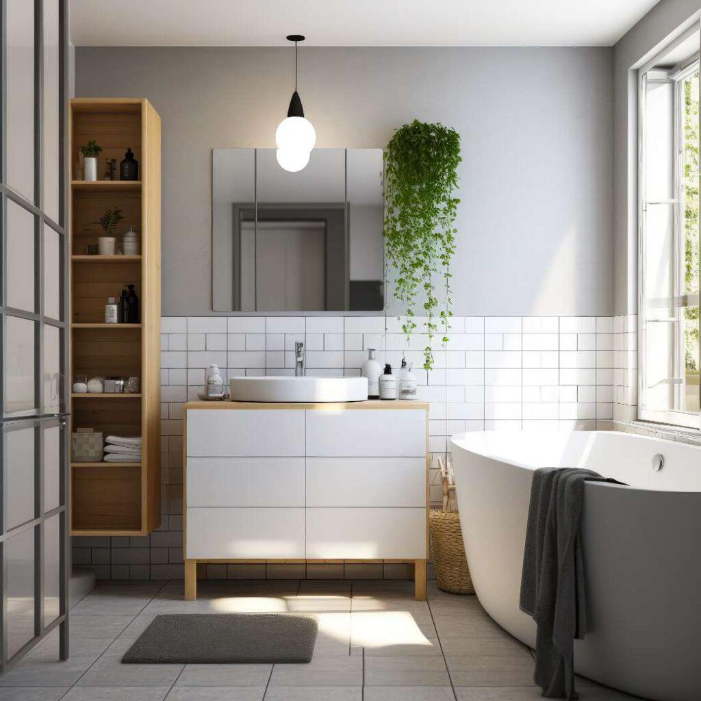 A bathroom with half tiled walls and shelving