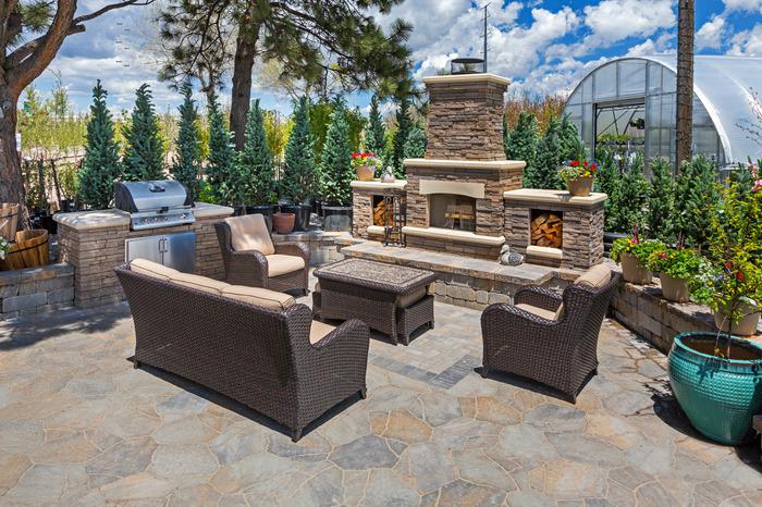 Stone fireplace outdoor kitchen bbq