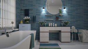 Blue subway tile in a bathroom