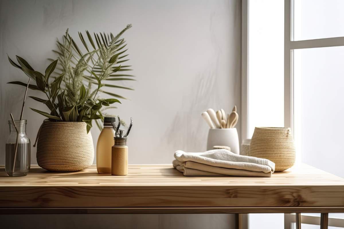 Towels and accessories in neutral bathroom