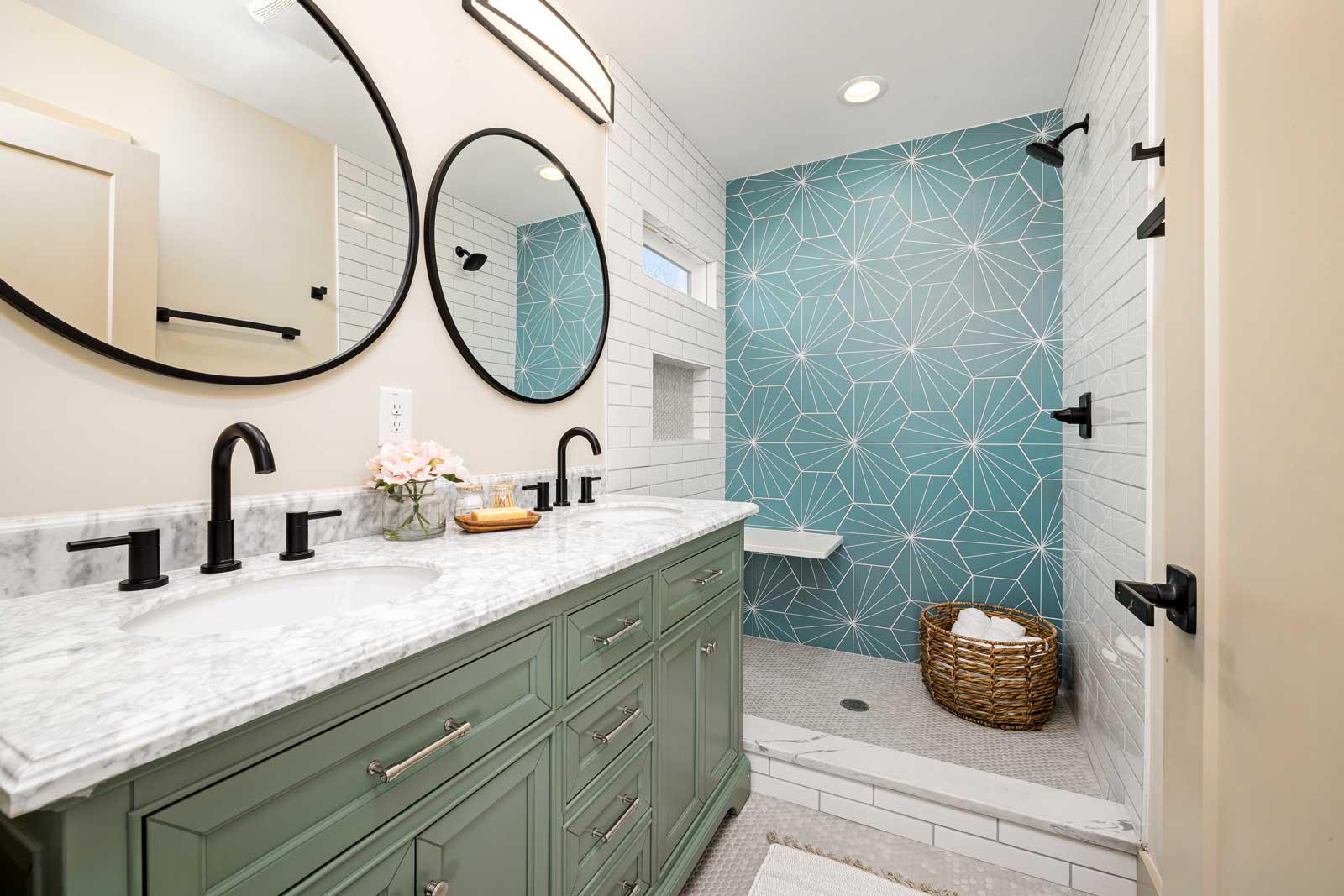 A bathroom with geometric tiles