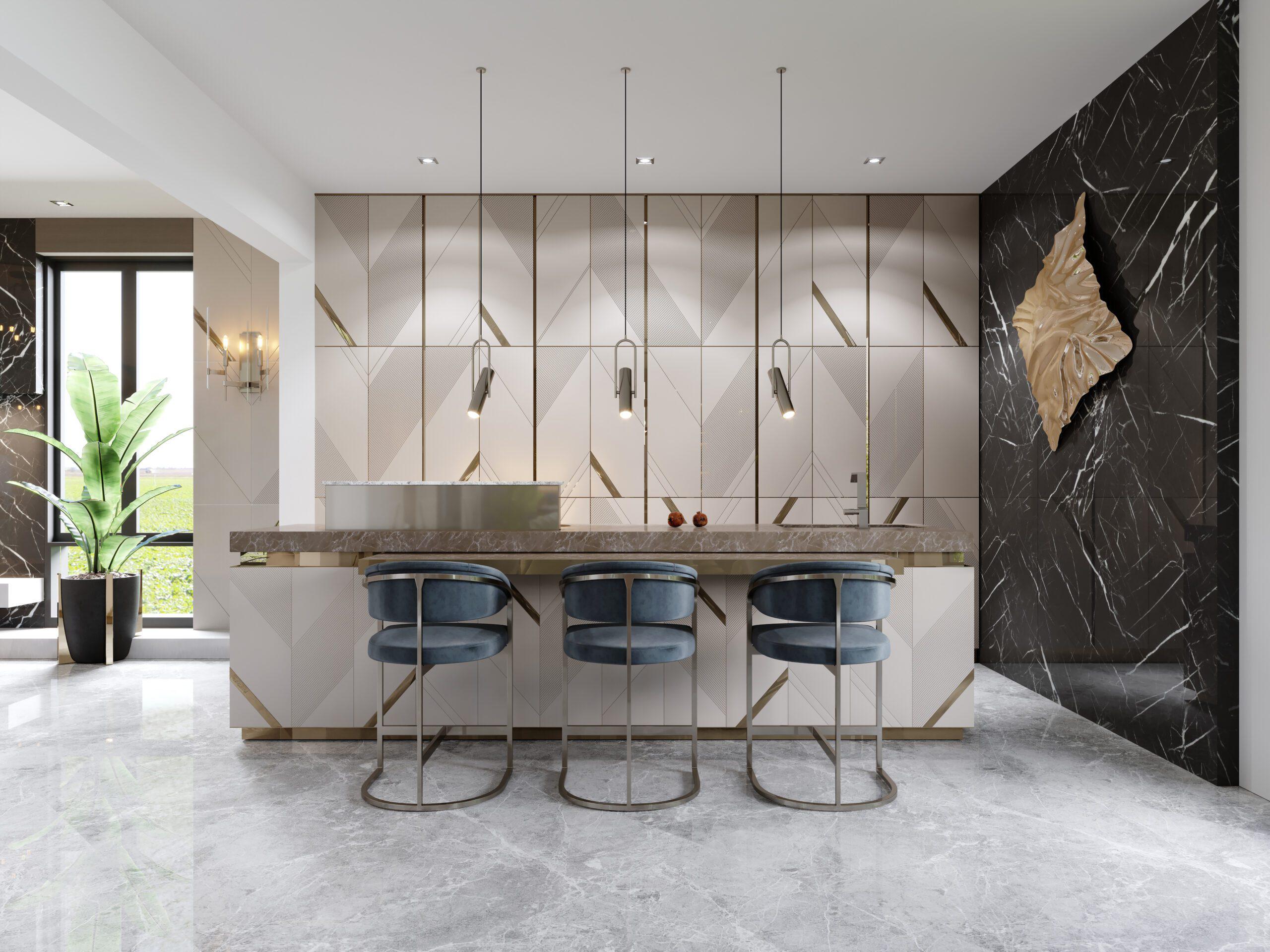 Chic velvet barstools in a sleek modern kitchen.
