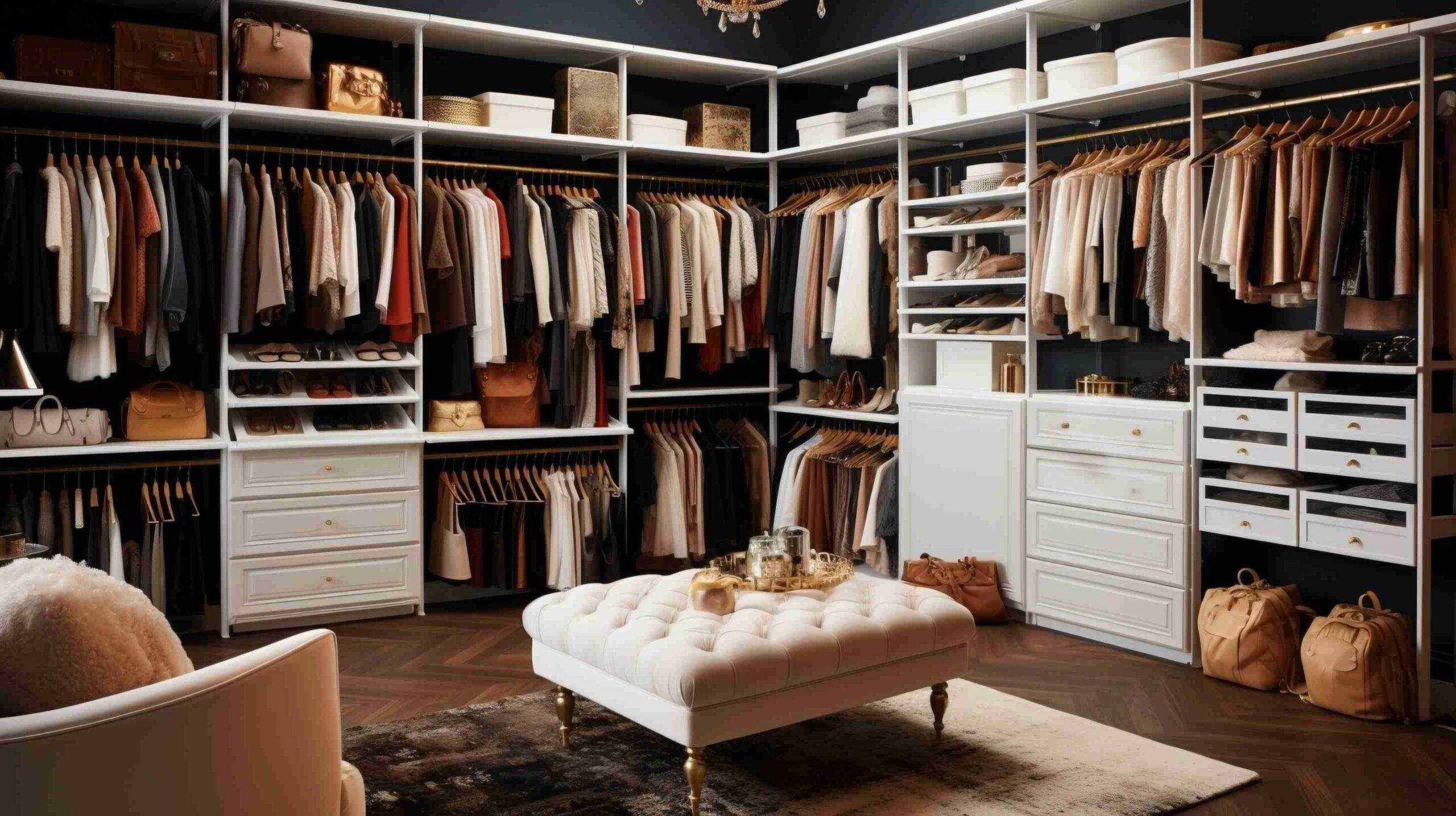 A large walk in closet with an ottoman