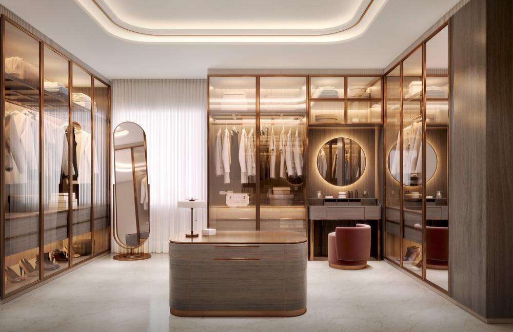 Walk in closet with mirrors lighting and hanging racks