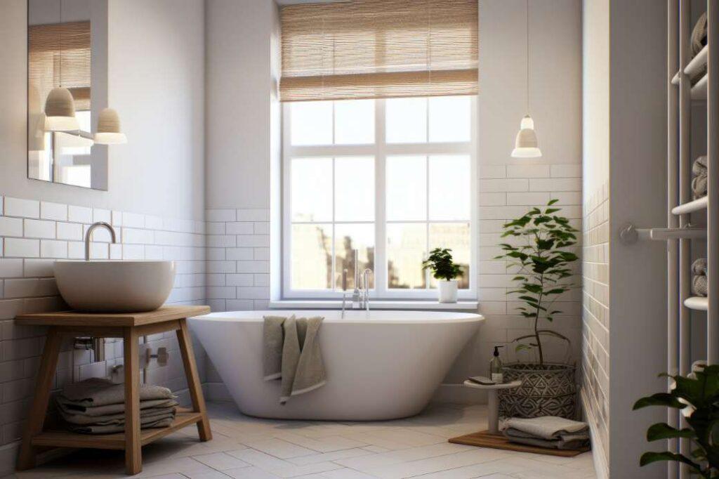 A bathroom with half subway tiled walls