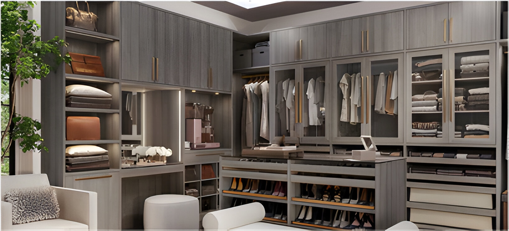 Luxurious, large walk-in closet with floor-to-ceiling closet cabinets for clothing and a storage cabinet island