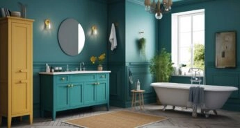 Boho-style teal bathroom with a teal double sink vanity, sunny yellow linen closet, and vintage-inspired clawfoot tub