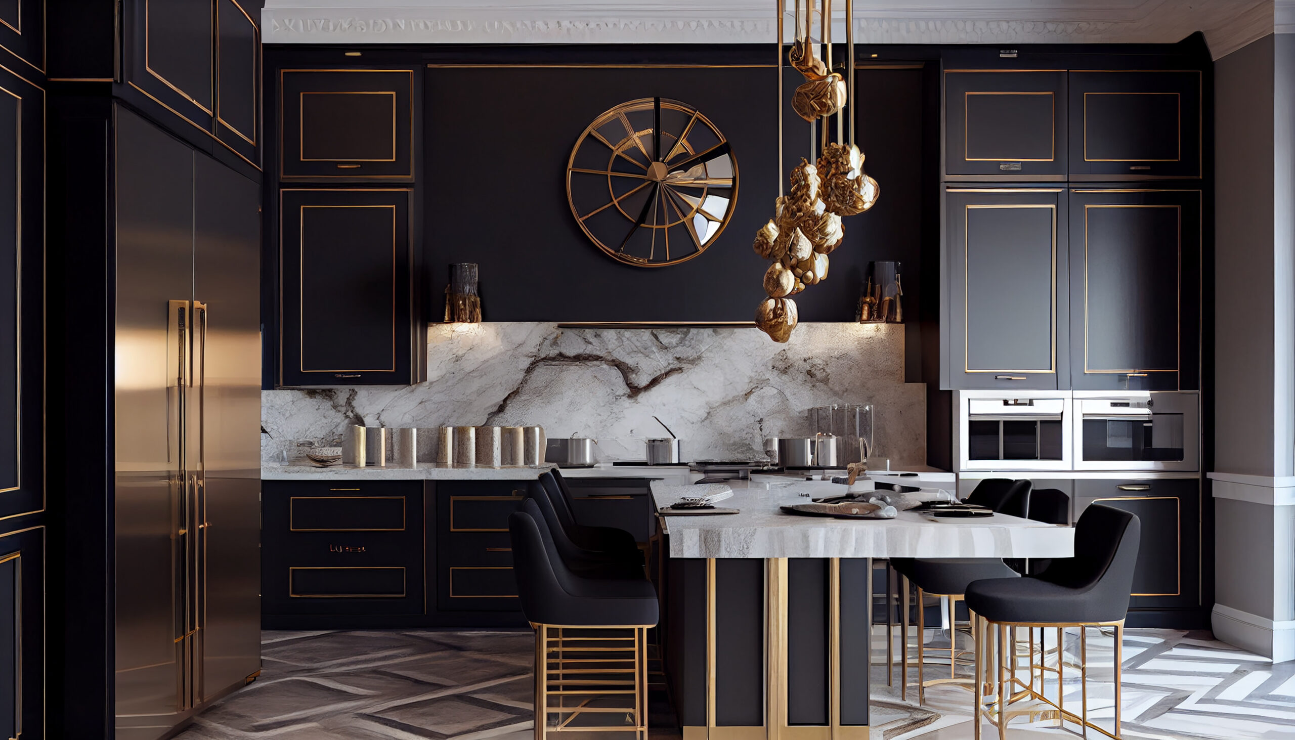 Glamorous kitchen with high-end custom appliances. 