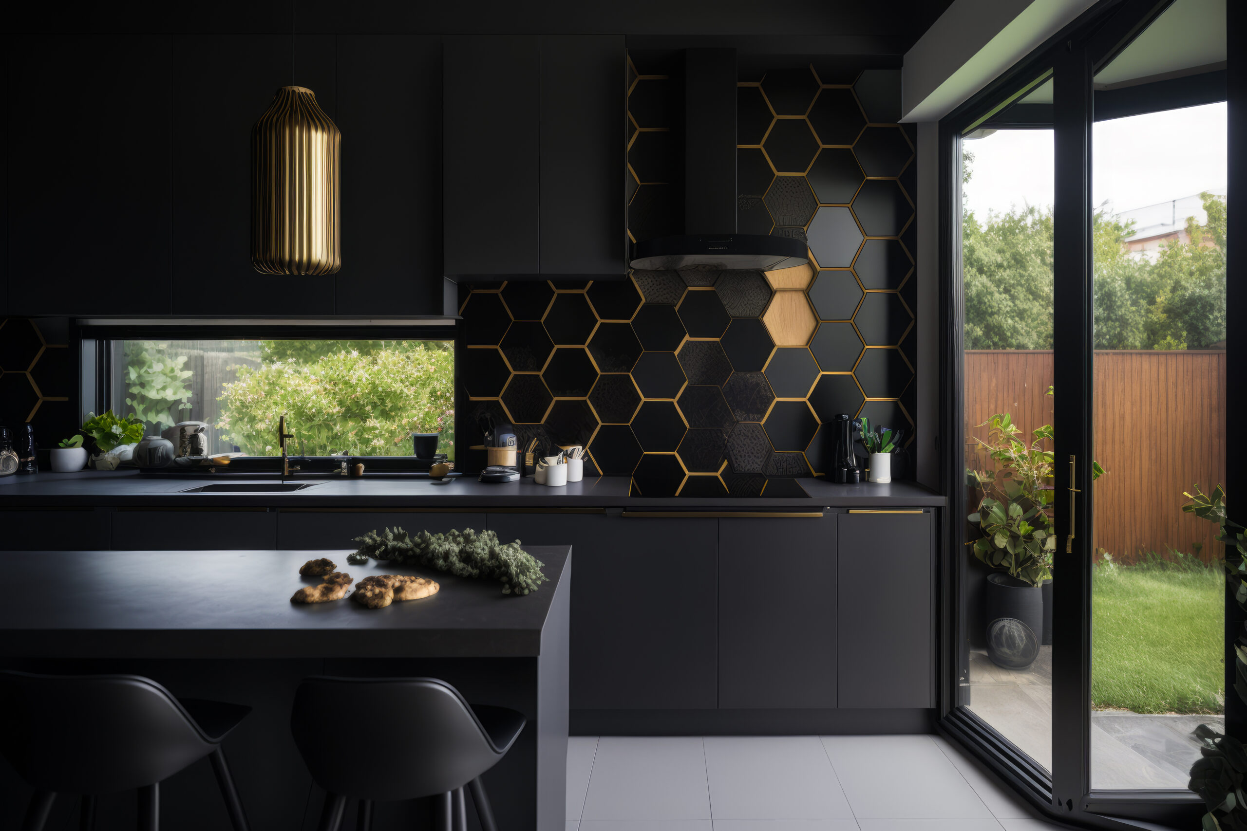 Bold black honeycomb backsplash makes a statement in modern glam kitchen.