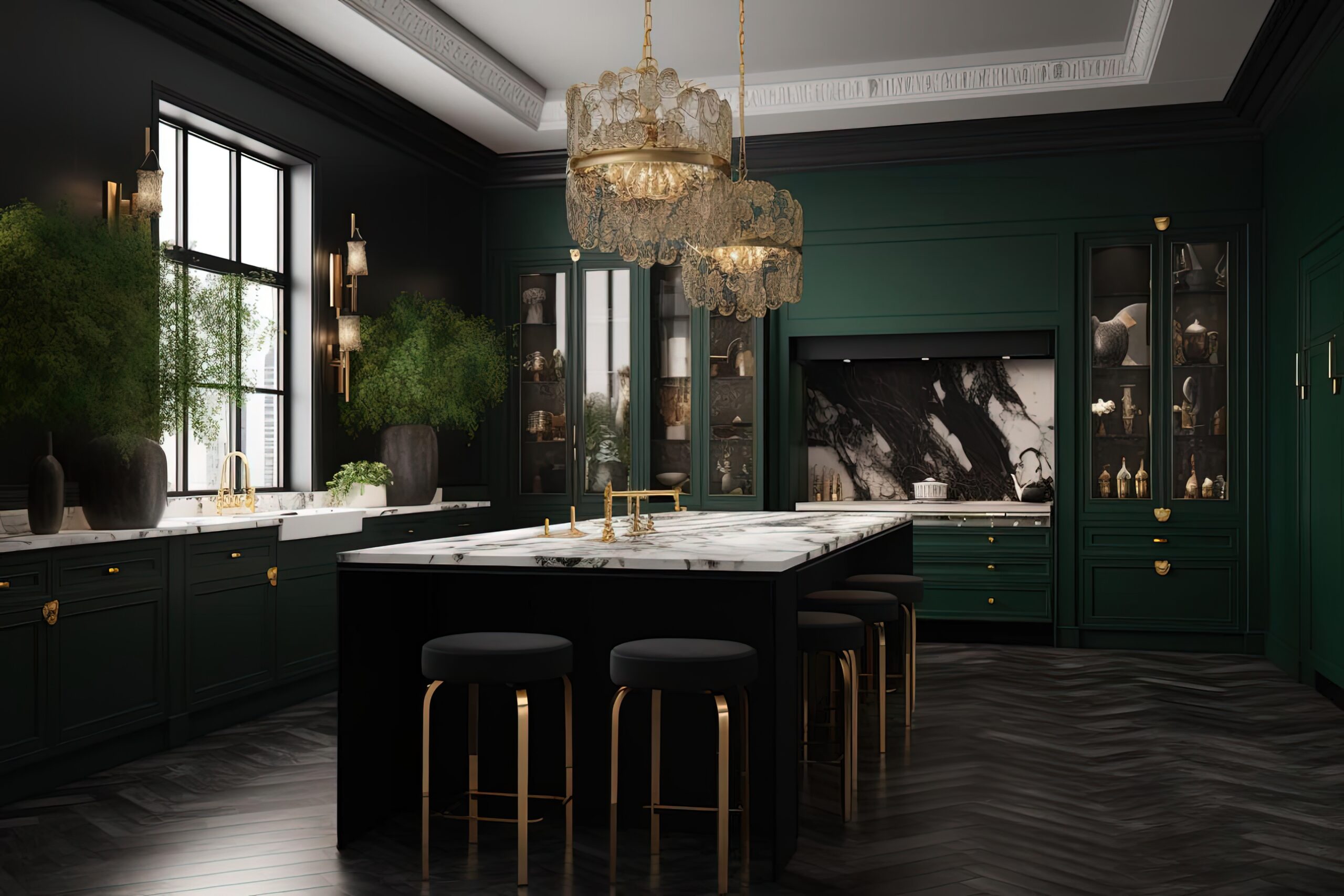 Bold glam kitchen with marble and gold accents.