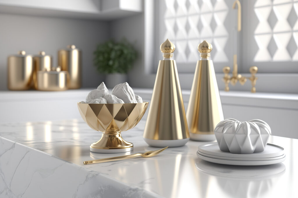 Luxury gold salt and pepper shaker and sugar bold on marble kitchen countertop.