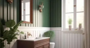 Paneled green bathroom with a wood sink vanity