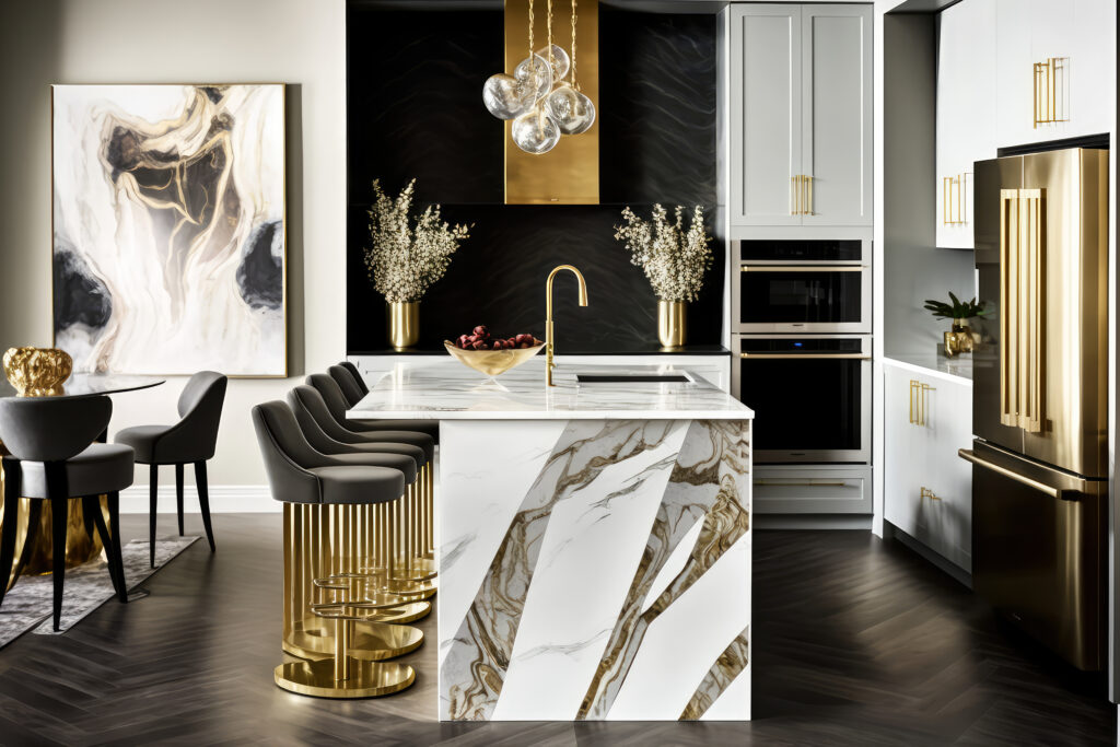 Bold kitchen design with marble and gold accents and modern chandelier.