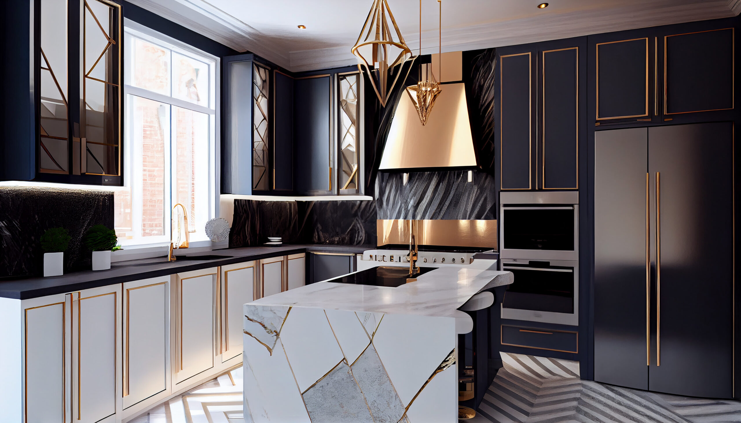 Glamourous modern art deco kitchen with marble island and copper accents.