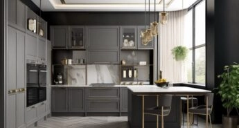 Modern glam kitchen decor with gray cabinets and herringbone wood floor.