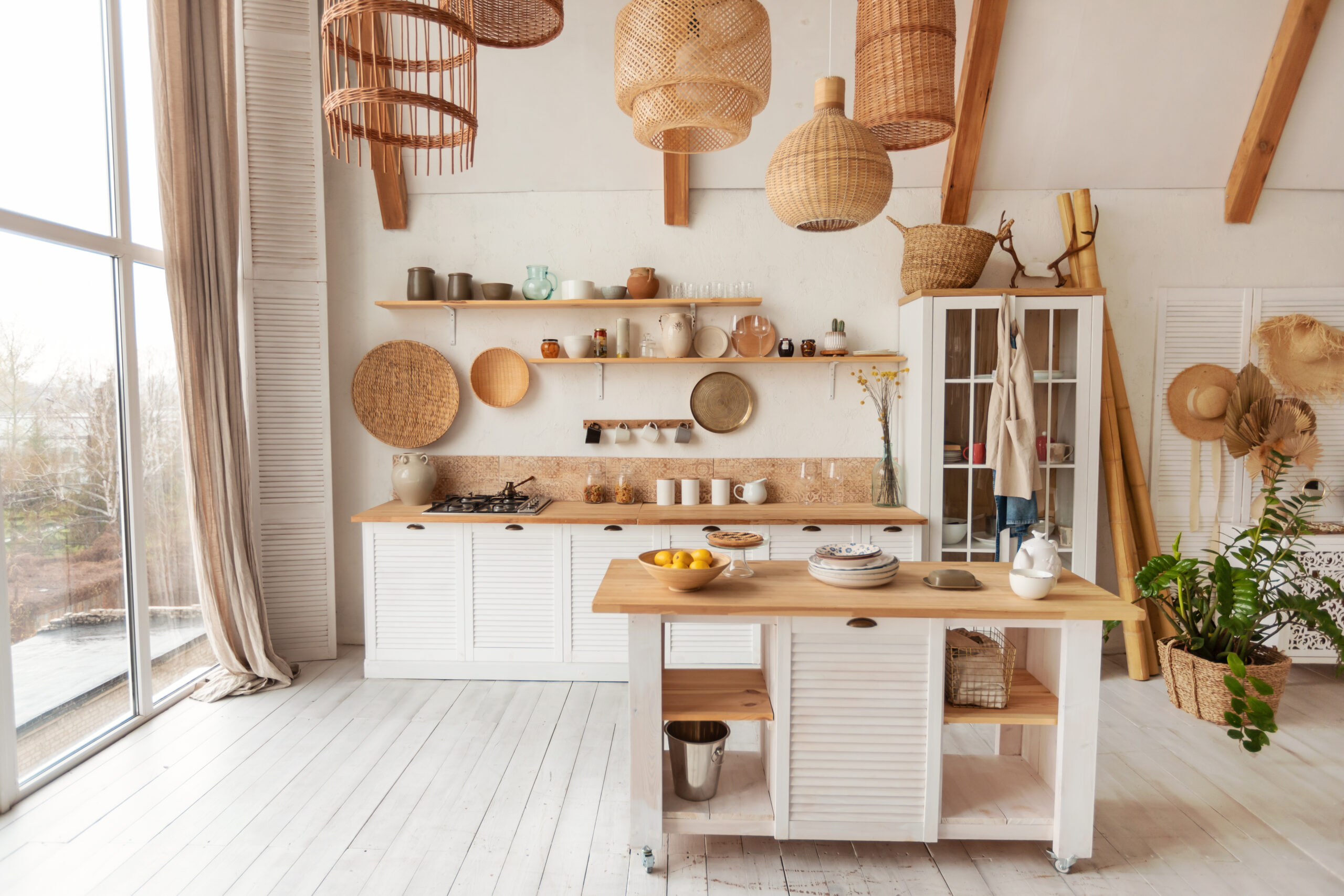 Bright natural kitchen with baskets and earthy decor.