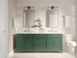 A renovated bathroom with a teal double sink vanity that is contrasted with floor-to-ceiling wall tiling in a white and geometric design