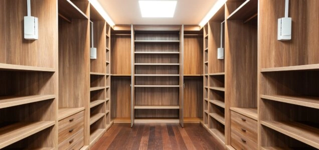 Natural wood stained walk-in closet with three walls of open shelf storage, lighting, and lower drawer storage