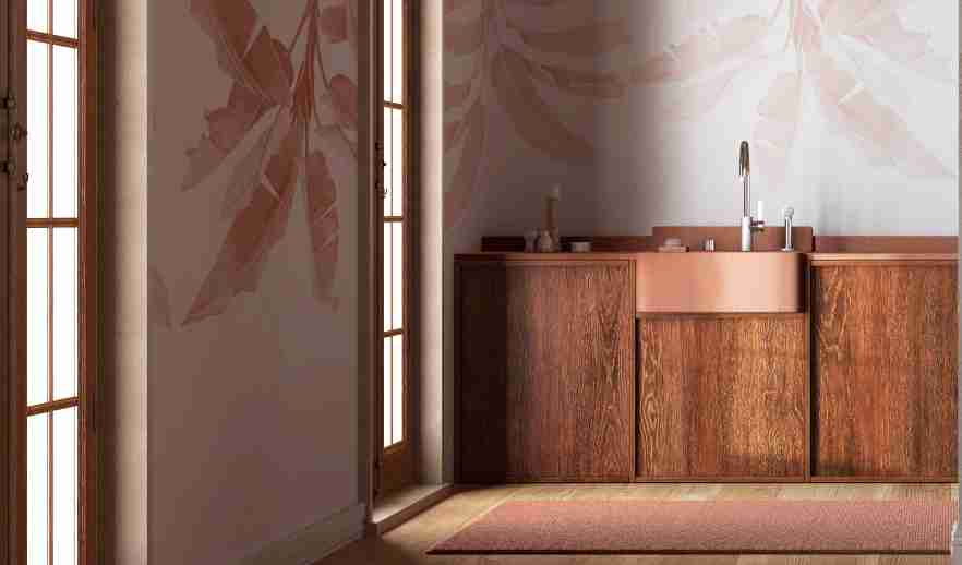 Cherry cabinets with wallpaper backsplash