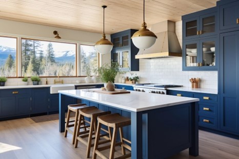 blue cabinets with white countertop