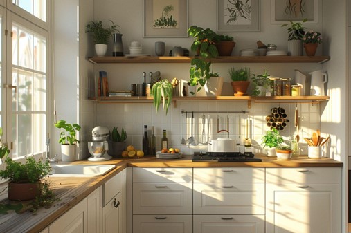 butcher block countertop with white cabinets