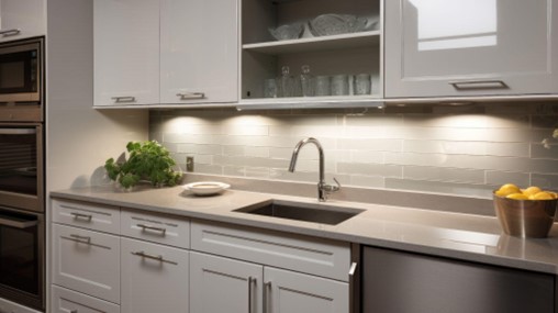 gray countertop with white cabinets