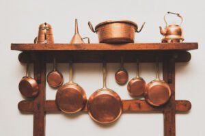 copper hanging pots small kitchen organization