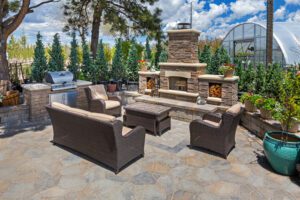 stone fireplace outdoor kitchen bbq