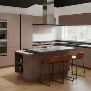 A long kitchen island serves as a multifunctional space for food prep, storage space, and barstools for eating.