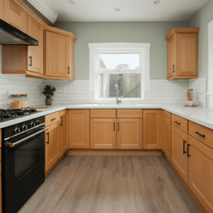 A modern kitchen featuring natural wood cabinets, white quartz countertops, a subway tile backsplash, and a soft sage green accent wall. The kitchen is equipped with a black gas stove and matching black hardware, complemented by warm wood flooring. A large window above the sink allows natural light to brighten the space.